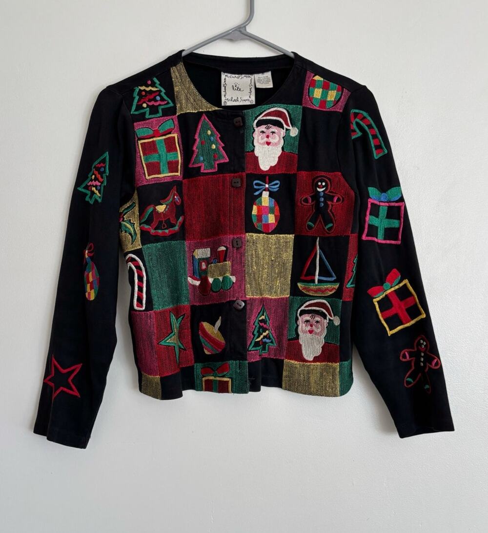 Black Red Vintage Michael Simon Christmas Patchwork Cardigan S